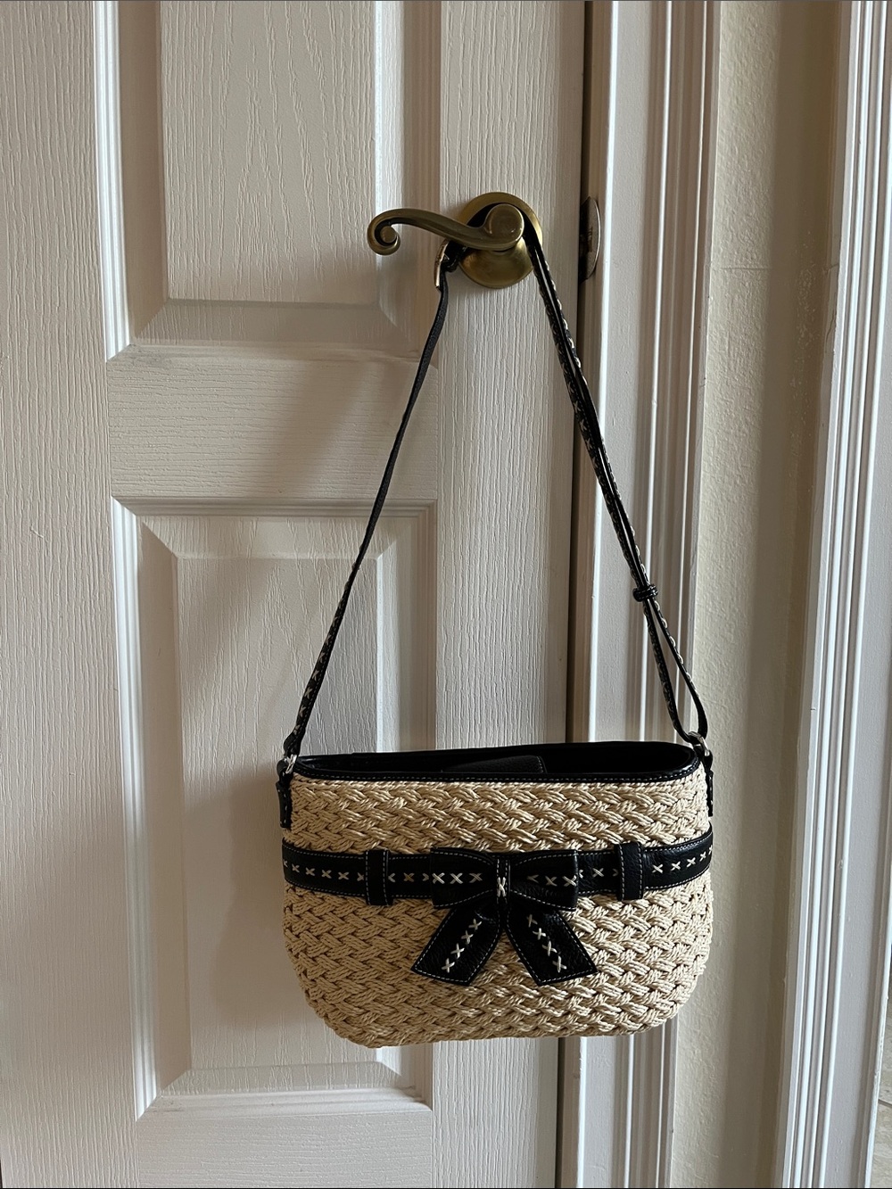 Brighton Ellery Beige Straw Crossbody with Black Trim and Bow Accent